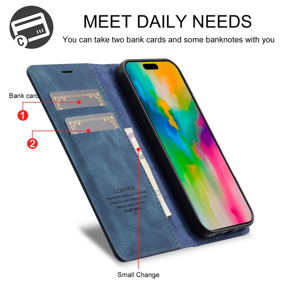For iPhone 16 LC.IMEEKE Strong Magnetism Microfiber Leather Phone Case(Blue)