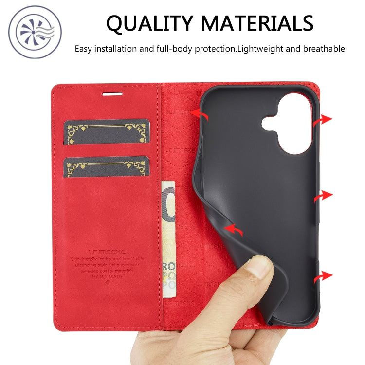 For iPhone 16 Plus LC.IMEEKE Strong Magnetism Microfiber Leather Phone Case(Red)