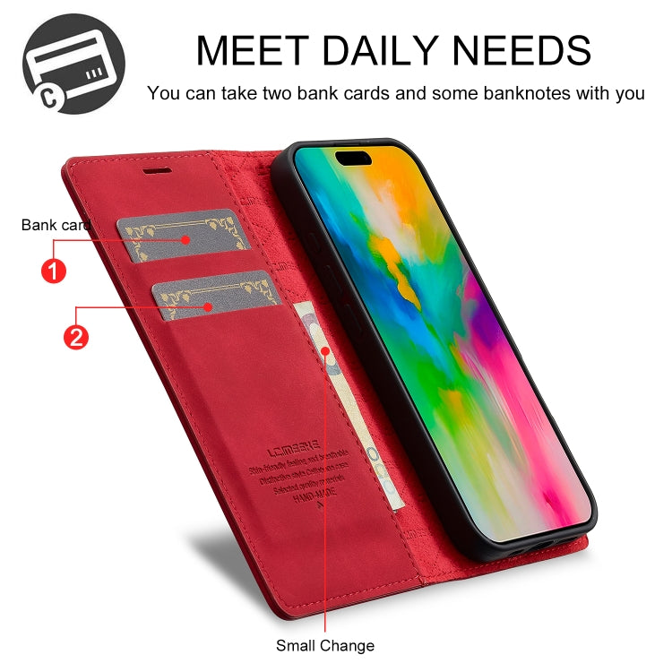 For iPhone 16 Plus LC.IMEEKE Strong Magnetism Microfiber Leather Phone Case(Red)