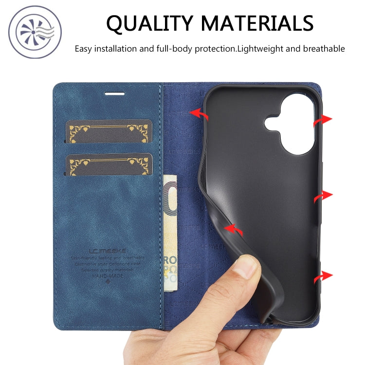 For iPhone 16 Plus LC.IMEEKE Strong Magnetism Microfiber Leather Phone Case(Blue)