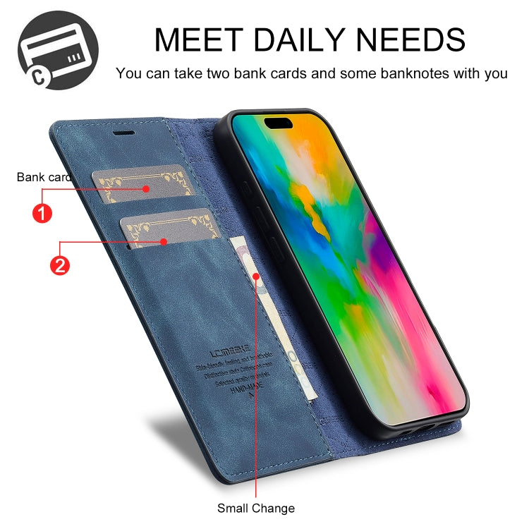 For iPhone 16 Plus LC.IMEEKE Strong Magnetism Microfiber Leather Phone Case(Blue)