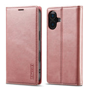 For iPhone 16 Plus LC.IMEEKE Strong Magnetism Microfiber Leather Phone Case(Rose Gold)