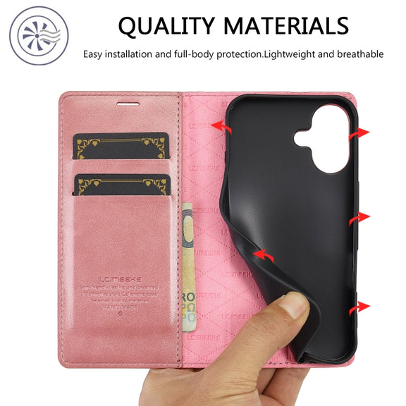 For iPhone 16 Plus LC.IMEEKE Strong Magnetism Microfiber Leather Phone Case(Rose Gold)