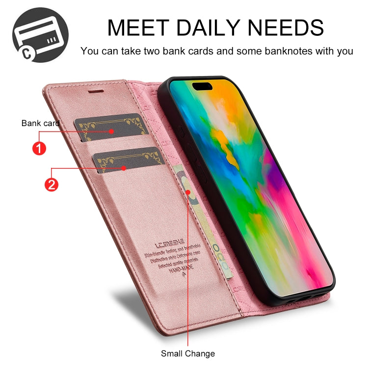 For iPhone 16 Plus LC.IMEEKE Strong Magnetism Microfiber Leather Phone Case(Rose Gold)