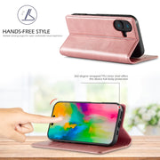For iPhone 16 Plus LC.IMEEKE Strong Magnetism Microfiber Leather Phone Case(Rose Gold)