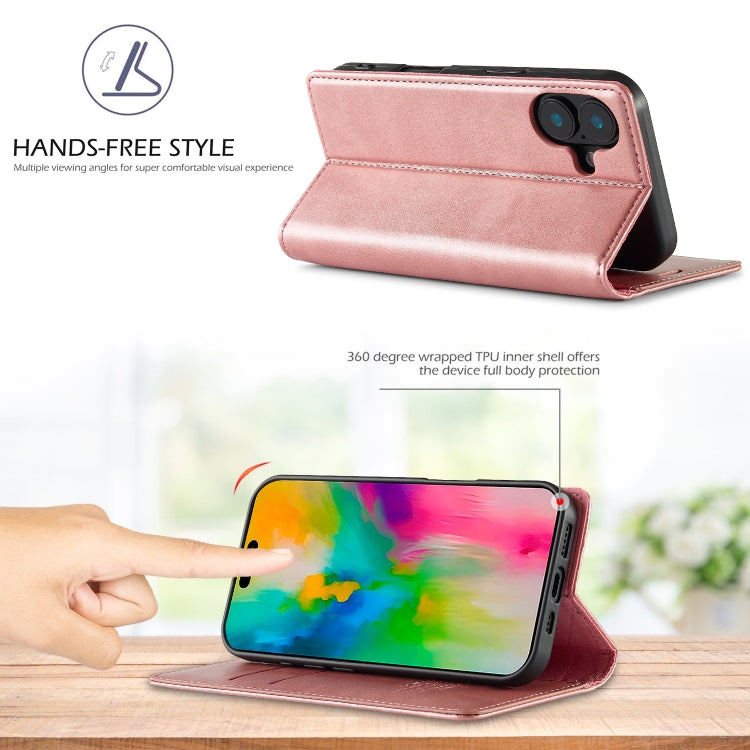 For iPhone 16 Plus LC.IMEEKE Strong Magnetism Microfiber Leather Phone Case(Rose Gold)