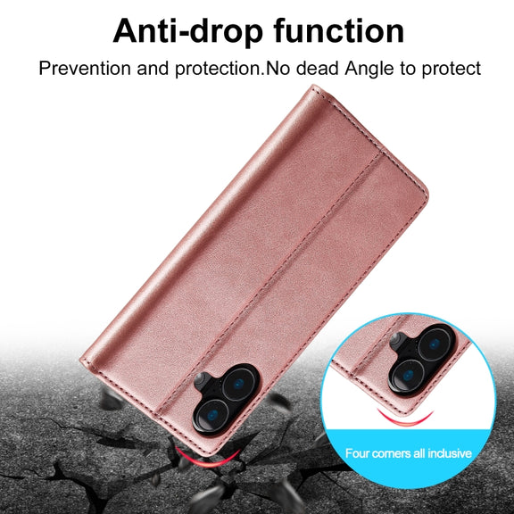 For iPhone 16 Plus LC.IMEEKE Strong Magnetism Microfiber Leather Phone Case(Rose Gold)