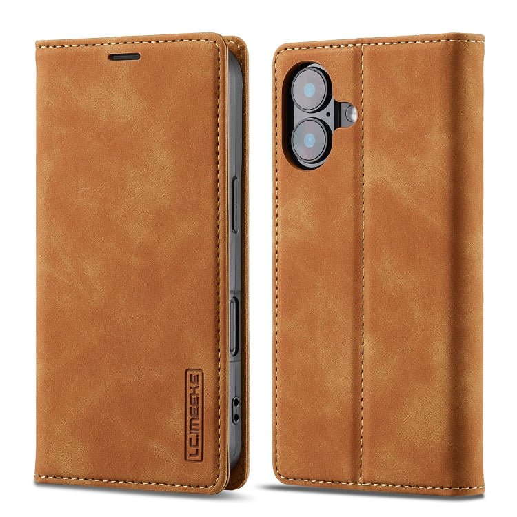 For iPhone 16 Plus LC.IMEEKE Strong Magnetism Microfiber Leather Phone Case(Brown)