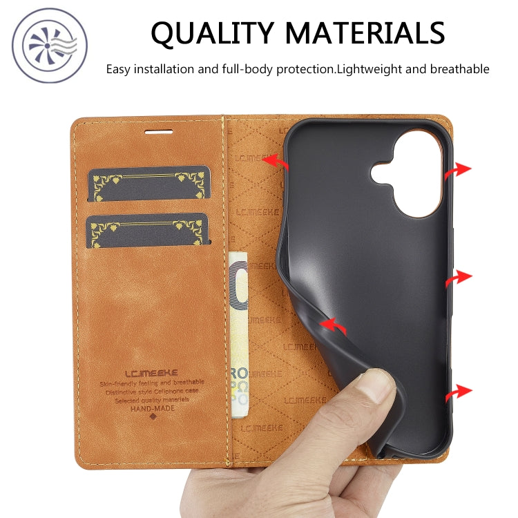For iPhone 16 Plus LC.IMEEKE Strong Magnetism Microfiber Leather Phone Case(Brown)