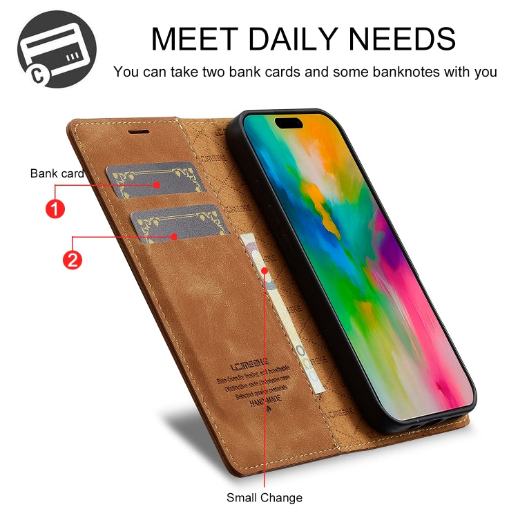 For iPhone 16 Plus LC.IMEEKE Strong Magnetism Microfiber Leather Phone Case(Brown)