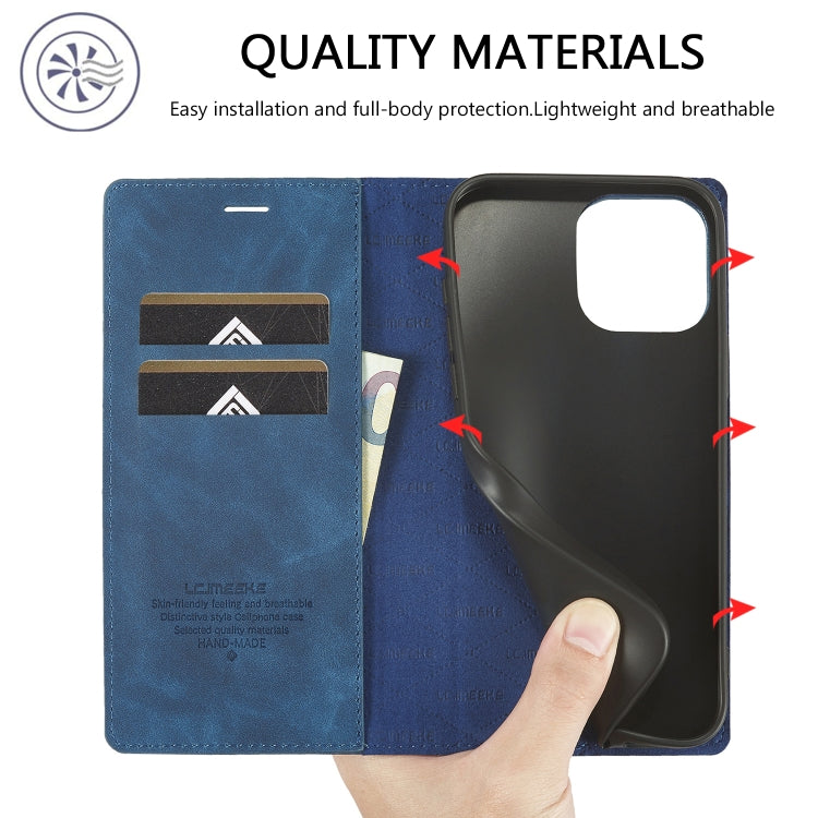 For iPhone 16 Pro LC.IMEEKE Strong Magnetism Microfiber Leather Phone Case(Blue)