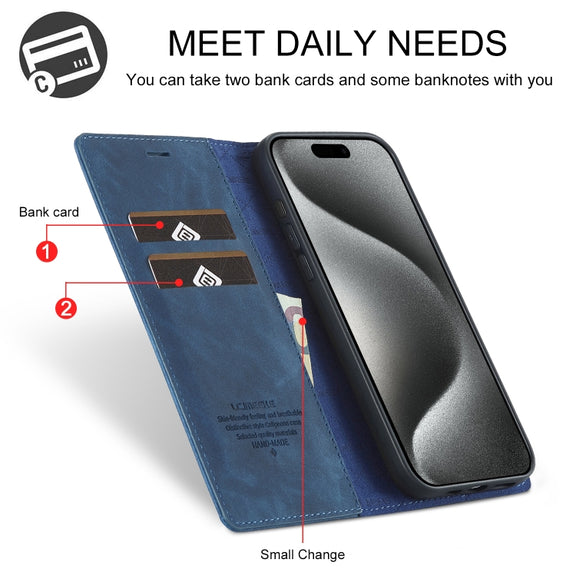 For iPhone 16 Pro LC.IMEEKE Strong Magnetism Microfiber Leather Phone Case(Blue)
