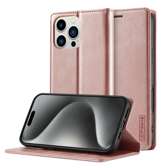 For iPhone 16 Pro LC.IMEEKE Strong Magnetism Microfiber Leather Phone Case(Rose Gold)