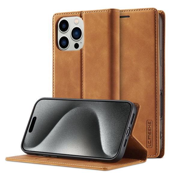 For iPhone 16 Pro LC.IMEEKE Strong Magnetism Microfiber Leather Phone Case(Brown)