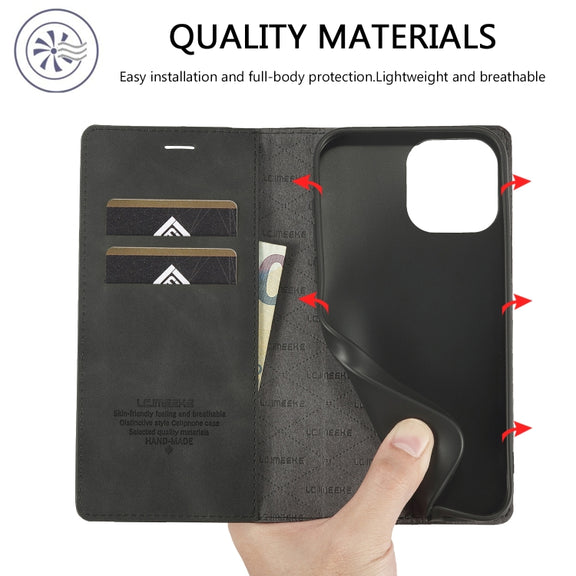For iPhone 16 Pro Max LC.IMEEKE Strong Magnetism Microfiber Leather Phone Case(Black)
