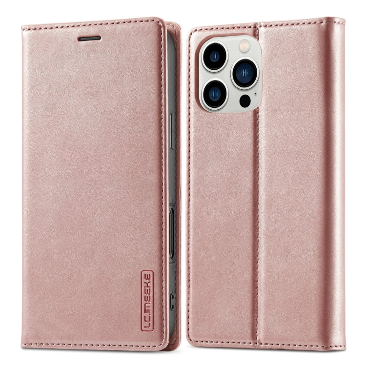 For iPhone 16 Pro Max LC.IMEEKE Strong Magnetism Microfiber Leather Phone Case(Rose Gold)