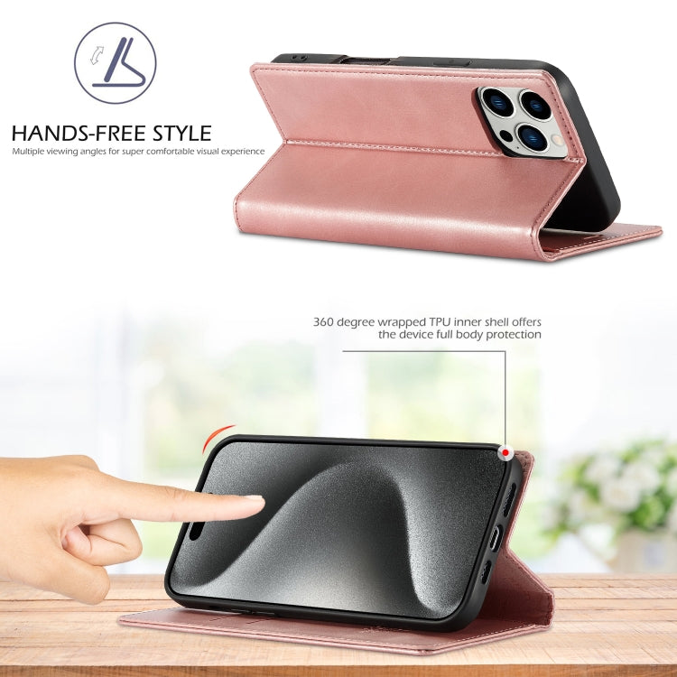 For iPhone 16 Pro Max LC.IMEEKE Strong Magnetism Microfiber Leather Phone Case(Rose Gold)