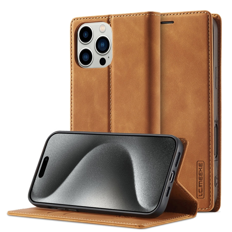 For iPhone 16 Pro Max LC.IMEEKE Strong Magnetism Microfiber Leather Phone Case(Brown)