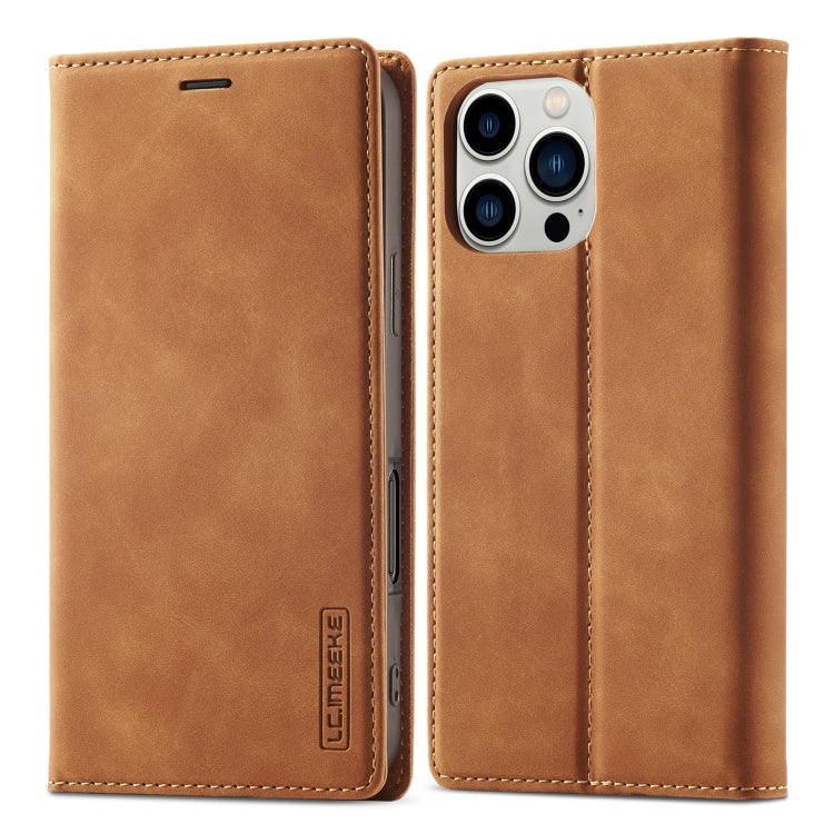 For iPhone 16 Pro Max LC.IMEEKE Strong Magnetism Microfiber Leather Phone Case(Brown)