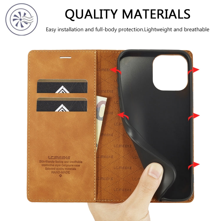 For iPhone 16 Pro Max LC.IMEEKE Strong Magnetism Microfiber Leather Phone Case(Brown)