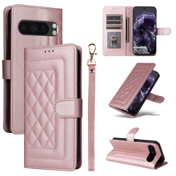 For Google Pixel 9 Pro Diamond Lattice Leather Flip Phone Case(Rose Gold)