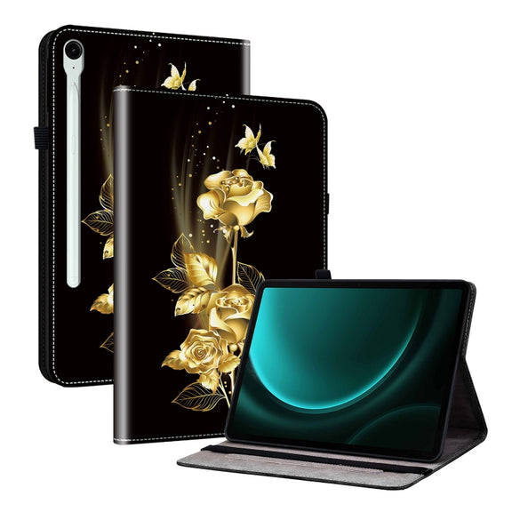 For Samsung Galaxy Tab S9 / S9 FE Crystal Texture Painted Leather Tablet Case(Gold Butterfly Rose)