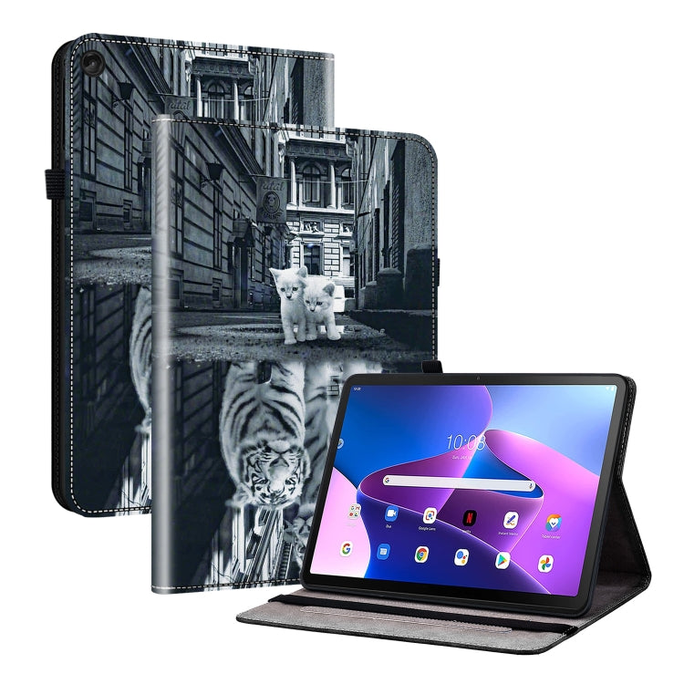 For Lenovo Tab M10 10.1 3rd Gen Crystal Texture Painted Leather Tablet Case(Cat Reflection Tiger)