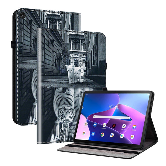 For Lenovo Tab M10 Plus HD 10.6 3rd Gen Crystal Texture Painted Leather Tablet Case(Cat Reflection Tiger)