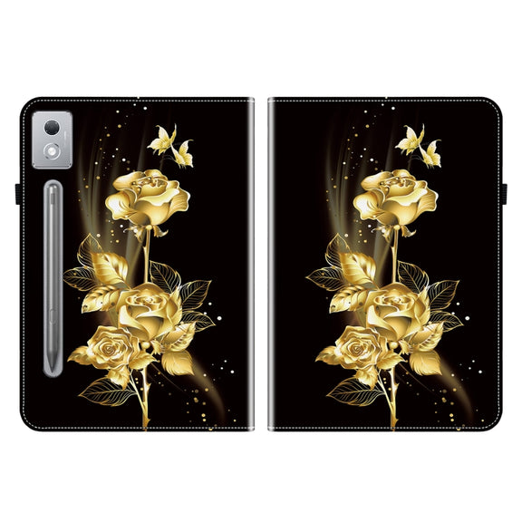For Lenovo Tab P12 12.7 2025 Crystal Texture Painted Leather Tablet Case(Gold Butterfly Rose)