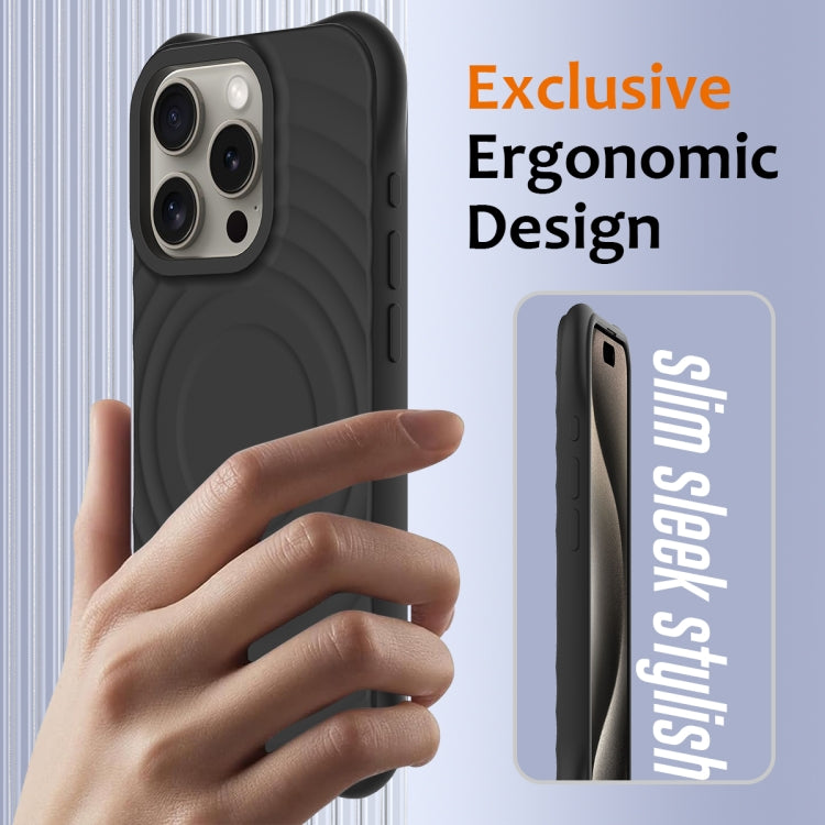 For iPhone 16 Pro Max Wave Texture MagSafe Magnetic Liquid Silicone Phone Case(Black)