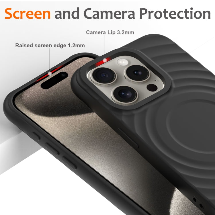 For iPhone 16 Pro Max Wave Texture MagSafe Magnetic Liquid Silicone Phone Case(Black)