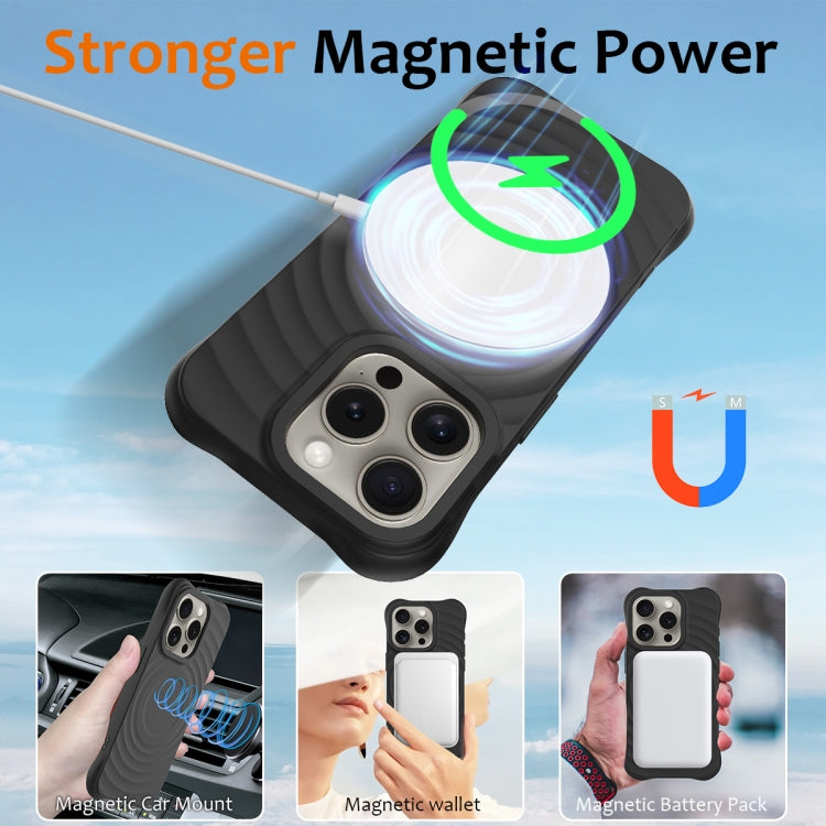 For iPhone 16 Pro Max Wave Texture MagSafe Magnetic Liquid Silicone Phone Case(Black)