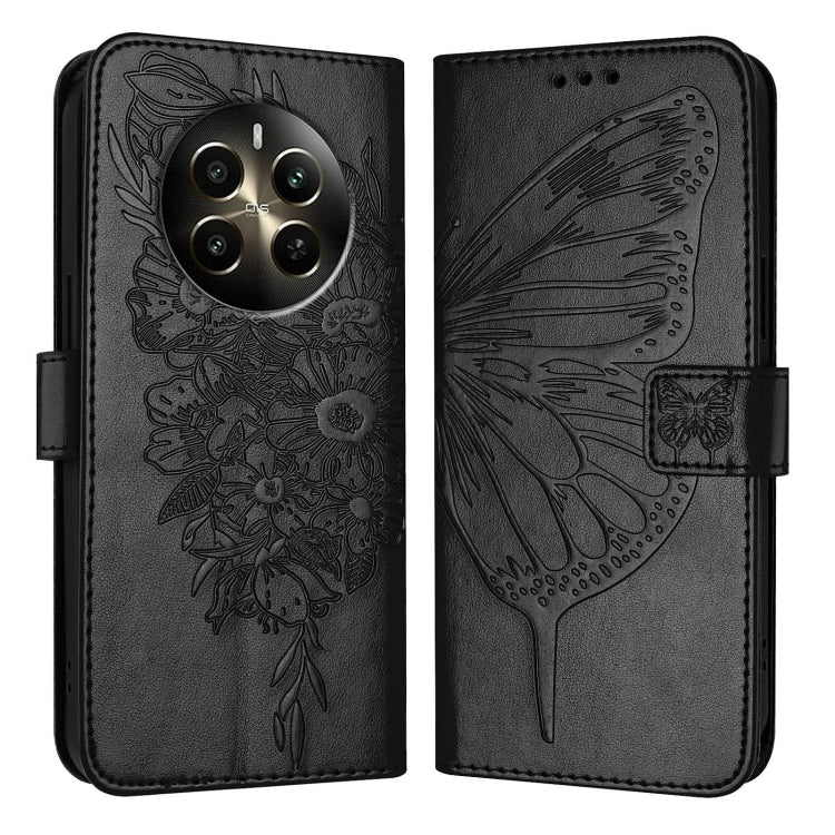For Realme 12+ Global/Narzo 70 Pro India Embossed Butterfly Leather Phone Case(Black)