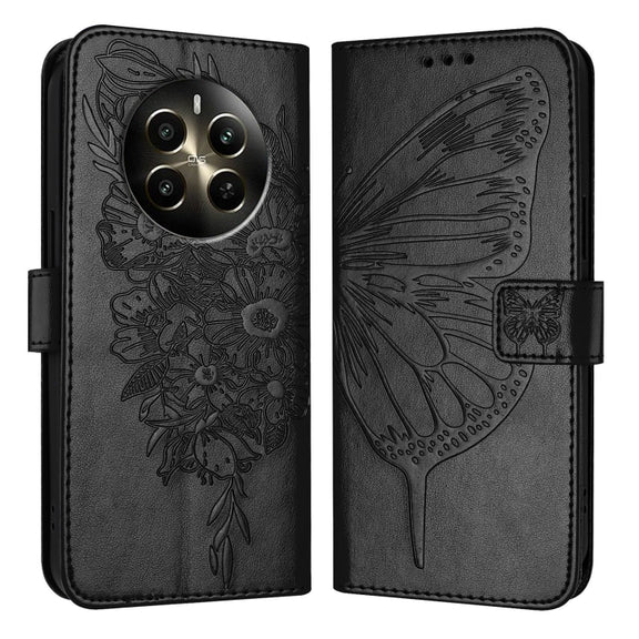 For Realme 12+ Global/Narzo 70 Pro India Embossed Butterfly Leather Phone Case(Black)
