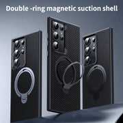 For Samsung Galaxy S24 Ultra 5G Double Ring MagSafe Holder Carbon Fibre Phone Case(Black)