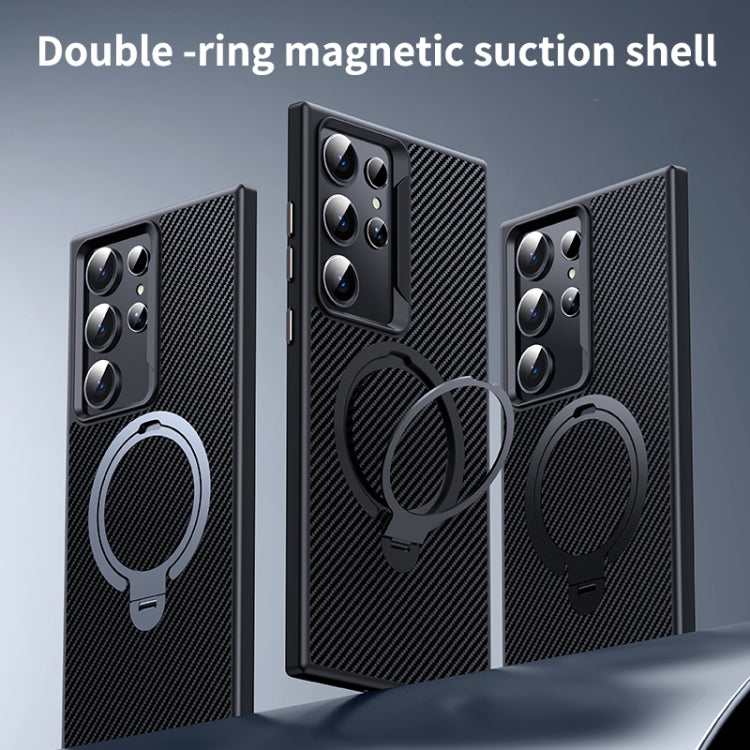 For Samsung Galaxy S24 Ultra 5G Double Ring MagSafe Holder Carbon Fibre Phone Case(Black)