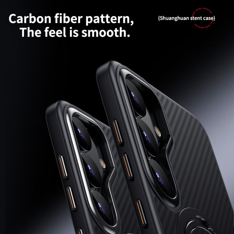 For Samsung Galaxy S25 5G Double Ring MagSafe Holder Carbon Fibre Phone Case(Black)