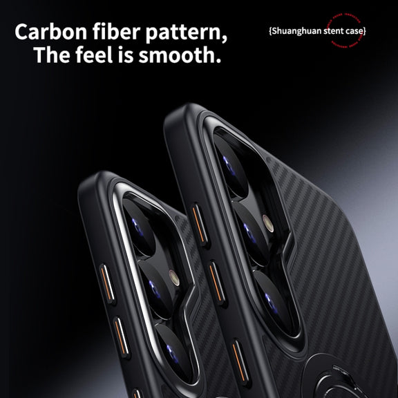 For Samsung Galaxy S25 5G Double Ring MagSafe Holder Carbon Fibre Phone Case(Black)