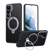 For Samsung Galaxy S25 5G Double Ring MagSafe Holder Carbon Fibre Phone Case(Silver)