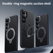 For Samsung Galaxy S25+ 5G Double Ring MagSafe Holder Carbon Fibre Phone Case(Black)