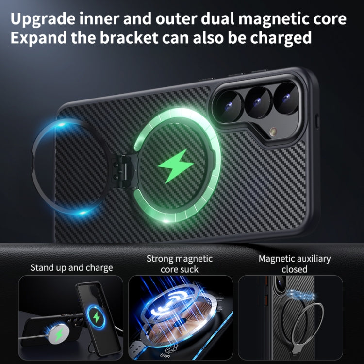 For Samsung Galaxy S25+ 5G Double Ring MagSafe Holder Carbon Fibre Phone Case(Black)