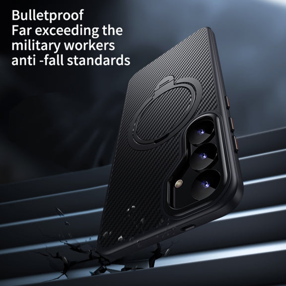 For Samsung Galaxy S25+ 5G Double Ring MagSafe Holder Carbon Fibre Phone Case(Silver)