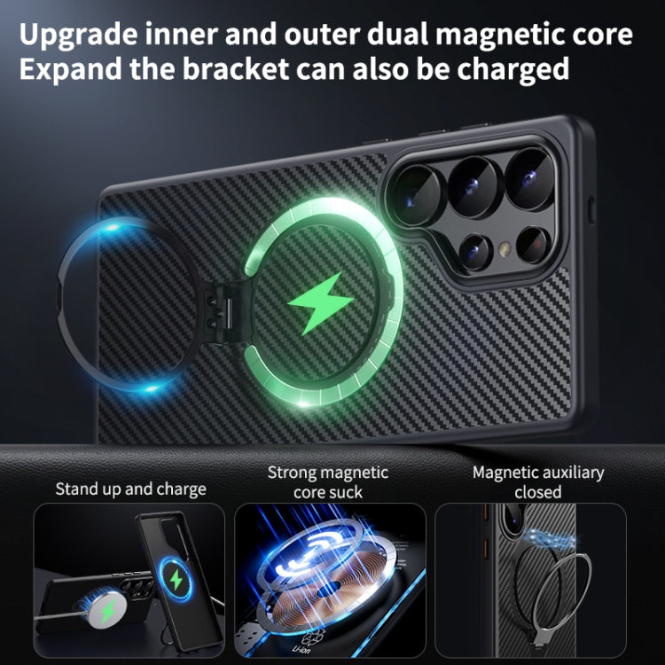 For Samsung Galaxy S25 Ultra 5G Double Ring MagSafe Holder Carbon Fibre Phone Case(Black)