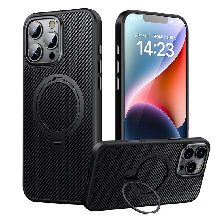 For iPhone 16 Pro Max Double Ring MagSafe Holder Carbon Fiber Phone Case(Black)