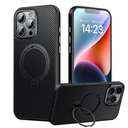 For iPhone 16 Pro Max Double Ring MagSafe Holder Carbon Fiber Phone Case(Black)