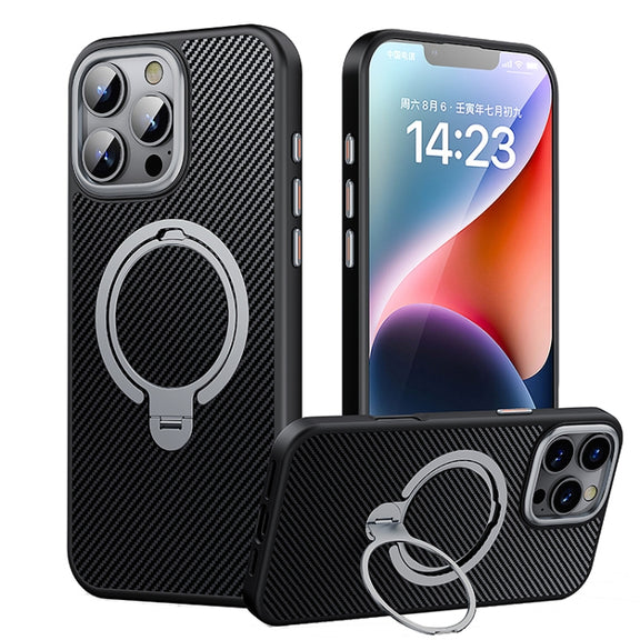 For iPhone 16 Pro Max Double Ring MagSafe Holder Carbon Fiber Phone Case(Silver)