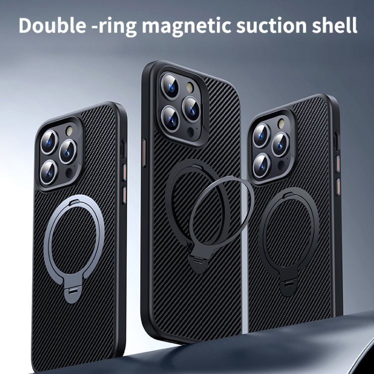 For iPhone 16 Pro Max Double Ring MagSafe Holder Carbon Fiber Phone Case(Black)