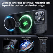 For iPhone 16 Pro Max Double Ring MagSafe Holder Carbon Fiber Phone Case(Black)