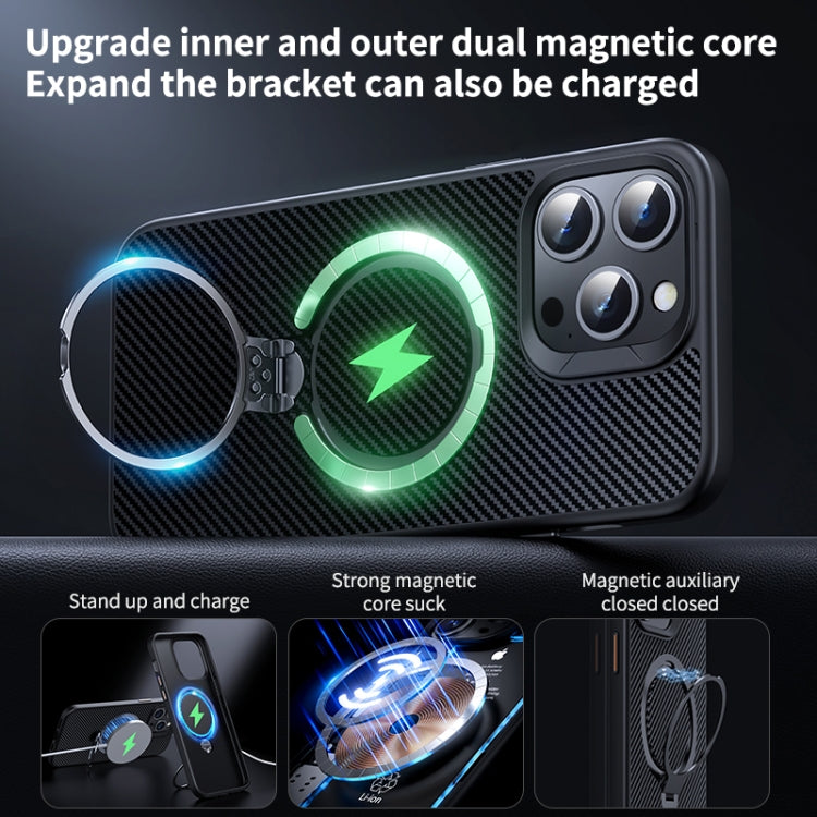 For iPhone 16 Pro Max Double Ring MagSafe Holder Carbon Fiber Phone Case(Black)