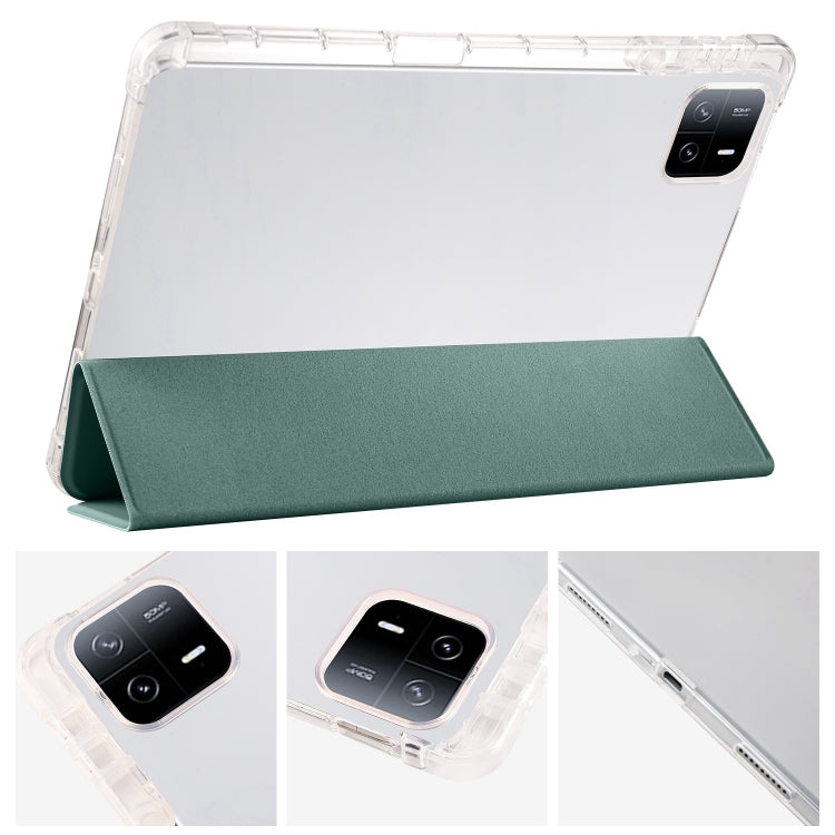 For iPad Pro 13 2024 3-fold Clear TPU Smart Leather Tablet Case with Pen Slot(Dark Green)